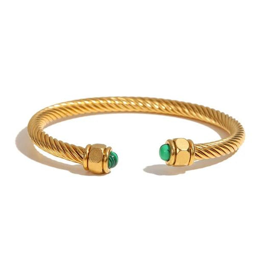 GOLD BRACELET C-SHAPED GREEN STONE